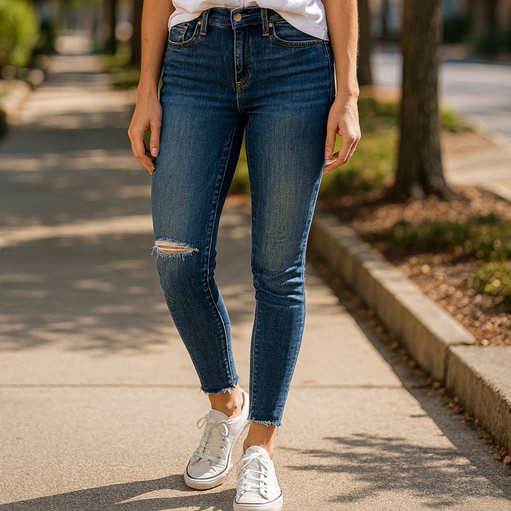 LOFT The Skinny Jeans Distressed Knee Raw Hem Ankle Blue Denim Women Size 26